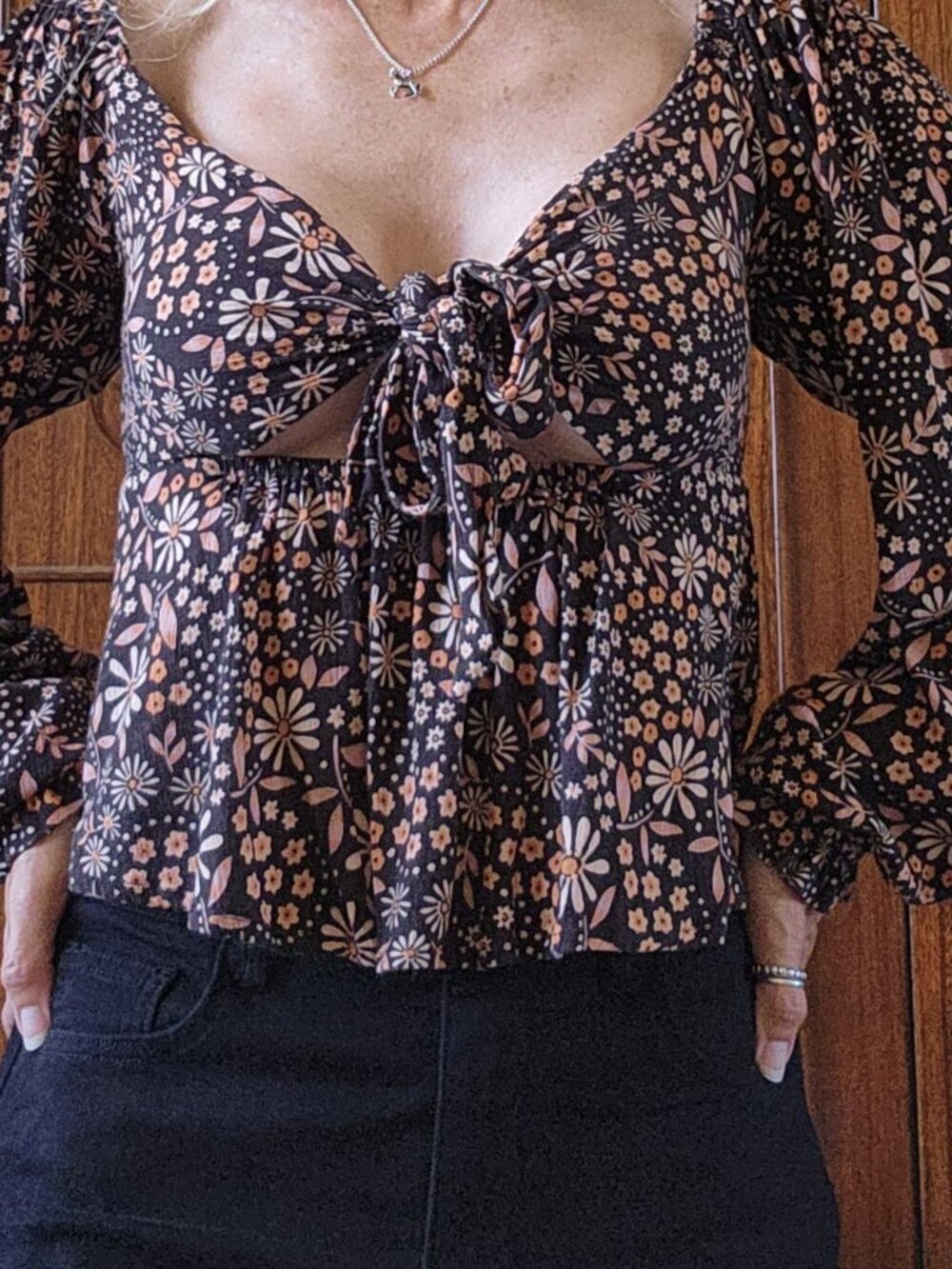 Volcom Boho Black Floral Print with Peek-a-boo Tie